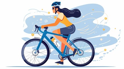 Fototapeta premium illustration of an female cyclist riding a mountain bike. The vector graphic has colorful design elements on a white background with colorful splashes.