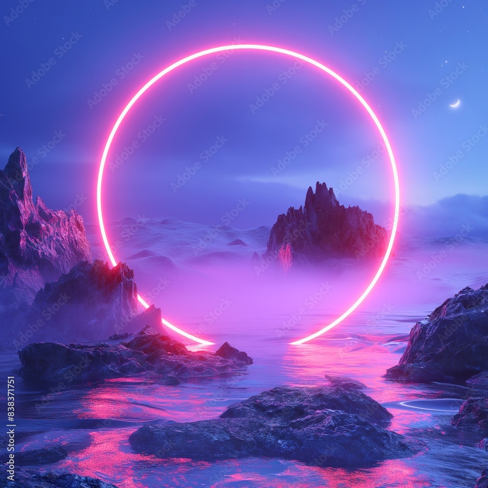 Fototapete a glowing neon circle frame is showcased over an abstract landscape in the generative ai image by we