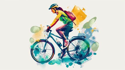 Fototapeta premium illustration of an female cyclist riding a mountain bike. The vector graphic has colorful design elements on a white background with colorful splashes.