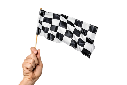 man hand hold checkered flag isolated on transparent background