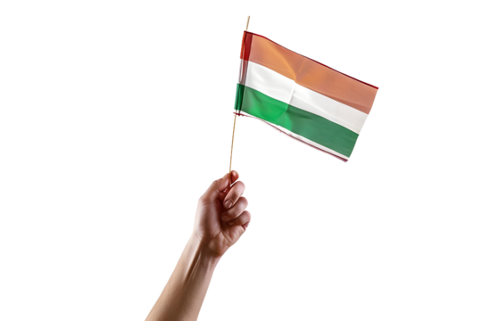 man hand hold national flag of Hungary isolated on transparent background