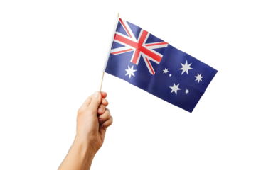 man hand hold national flag of Australia isolated on transparent background