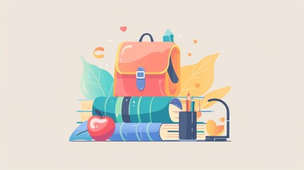 Flat vector illustration of books, pencil and apple with leaves on top, education system, back to school, school supplies, pencils, notepads