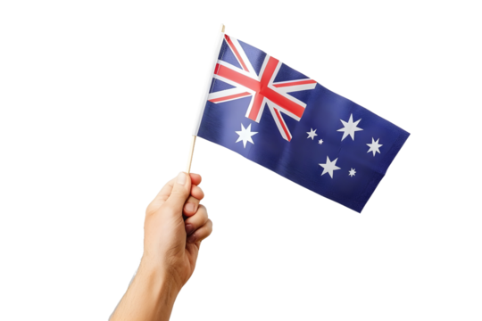 man hand hold national flag of Australia isolated on transparent background