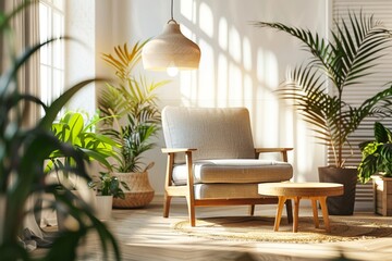 A modern living room with lots of green plants, a grey armchair and wooden coffee table in the foreground