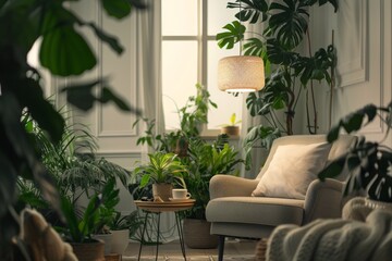 Naklejka premium A modern living room with lots of green plants, a grey armchair and wooden coffee table in the foreground