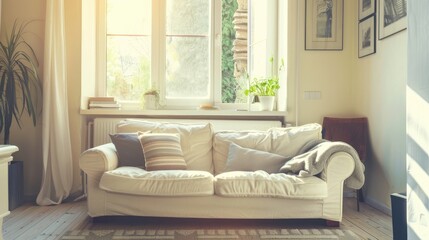 Fototapeta premium A bright, clean living room with a cozy sofa and neatly arranged decor, exuding elegance and comfort.