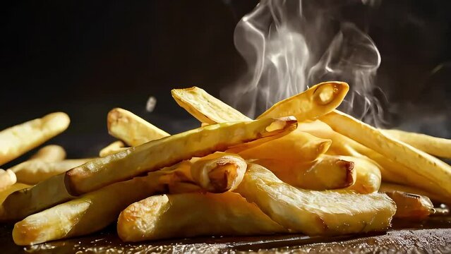 Capture the essence of his recipe a close-up shot of mouthwatering fries, golden and crispy, with steam rising.