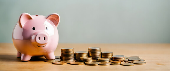 Picture of a pink pig piggy bank with coins placed next to it.