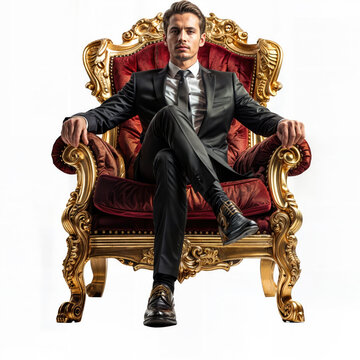 a man in a dark formal suit sits on a golden throne