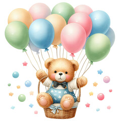 Isolated image of a teddy bear holding a balloon and floating on a gift box. Separate transparent background components