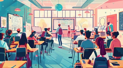 flat illustration of students in an school class room, with some sitting at desks and others standing or walking around, looking at whiteboard to share ideas, collaboration, group work, team building
