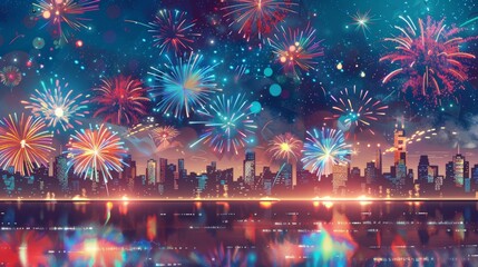 Fireworks over the city, beautiful fireworks in colorful colors with reflections on the water, night sky with stars and bright lights, skyline background, cityscape with buildings illuminated at dusk