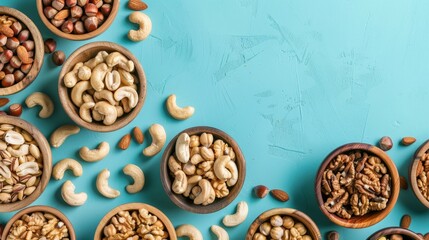 assortment of nuts in wooden bowl on colored table cashew hazelnuts walnuts almonds mix of nuts top view with copy space