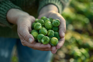 Close-up of hands holding Brussels sprouts, symbolizing the abundance and quality your orchard offers for future luxury Brussels sprouts creations, with a focus on the hands.