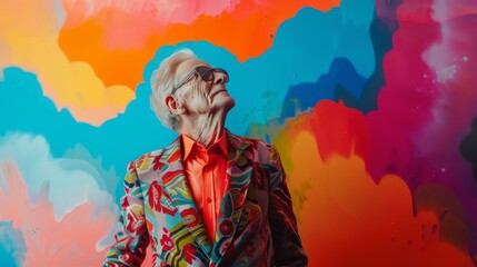 A summer-bold, multi-colored portrait of a stylish senior gentleman, exuding a vacation-ready vibe