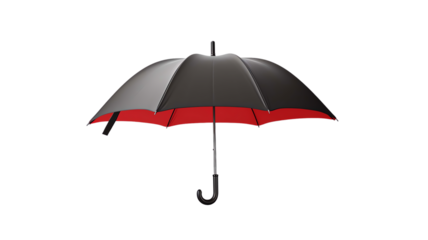 A black umbrella with a red underside, isolated on a white background. Perfect for weather-related and protective equipment themes.