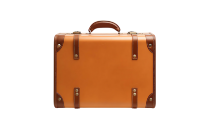 A classic brown leather suitcase with reinforced corners and handle, perfect for travel or vintage decor, isolated on a white background.