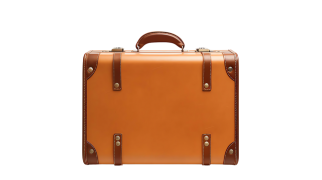 A classic brown leather suitcase with reinforced corners and handle, perfect for travel or vintage decor, isolated on a white background.