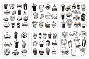 doodle Fast food Icon Silhouette Bundle, Cafe Restaurants Fast Food icon Illustration, doodle food sticker