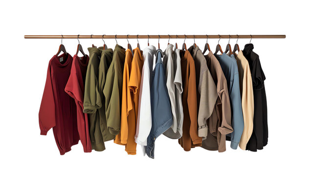 variety of colorful clothing hangers displayed wooden rod, showing assortment of casual stylish fashion choices.