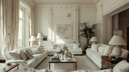 A pristine living room with white walls and elegant furnishings, exuding cleanliness and sophistication.