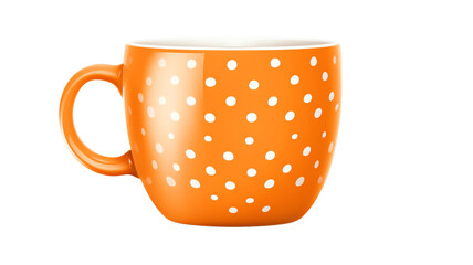 Bright orange polka dot mug with white spots, isolated on white background. Perfect for coffee, tea, or hot beverages. Vibrant kitchenware.