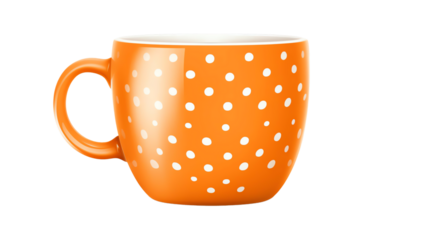 Bright orange polka dot mug with white spots, isolated on white background. Perfect for coffee, tea, or hot beverages. Vibrant kitchenware.
