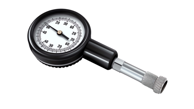 Close-up image of a pressure gauge isolated on a white background, showcasing accurate measurement tool with numerical dial and metal components.