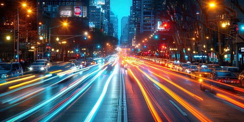 Fototapeta premium Busy city street at night with light trails Generated by AI