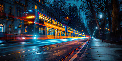 Light trails from a tram in the city Generated by AI