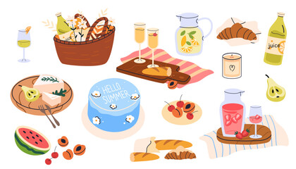 Picnic food set. Summer snacks and drinks. Fruits on tray, cheese on board, lemonade, juice, cocktail, fruits, croissant for eating outdoors. Flat vector illustrations isolated on white background