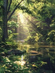 A tranquil forest scene captures the beauty of nature as the sun's rays filter through the water, illuminating the lush trees and plants in a picturesque landscape hyper realistic 