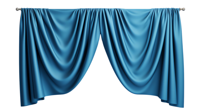 Elegant blue silk curtains with graceful folds, hanging on a rod. Perfect for interior design and home decor themes.