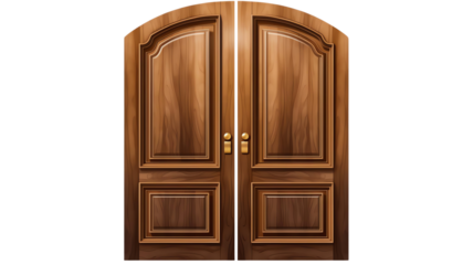 Elegant double wooden doors with an arched top and intricate panel designs, offering a classic and sophisticated entrance appearance.