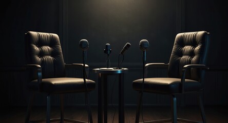Two chairs and microphones in podcast or interview room isolated on dark background Generative Ai