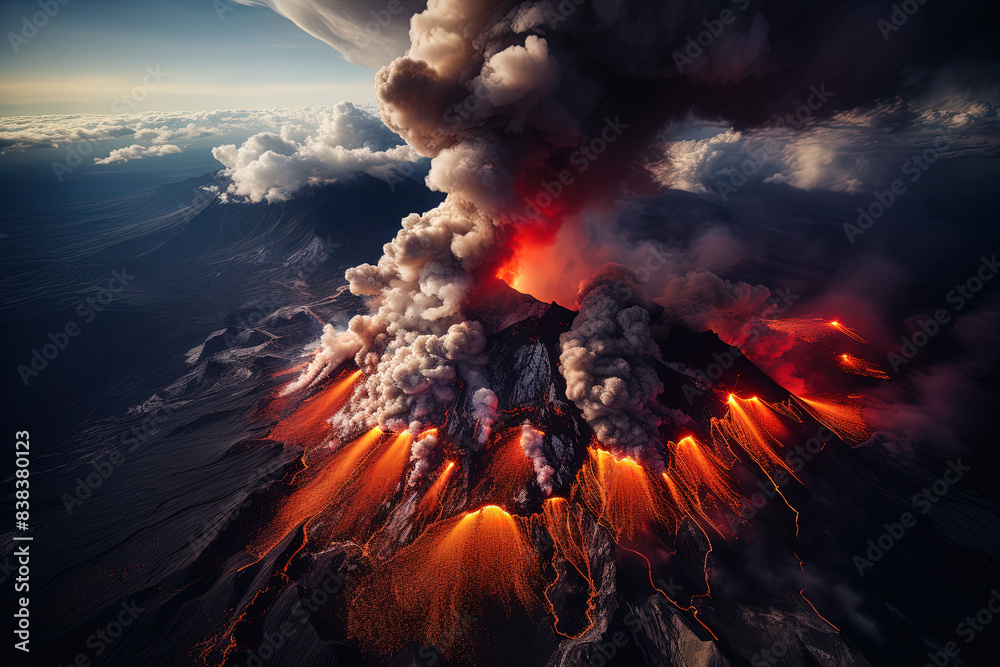 Wall mural volcano eruption from a bird view. volcano crater and magma flow shot from above. genertated ai.