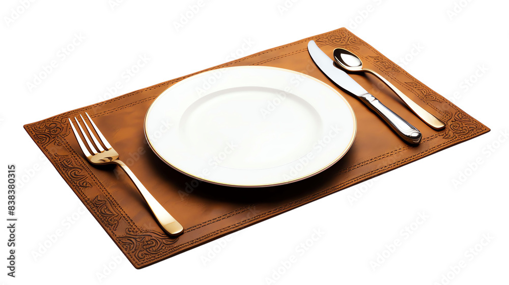 Wall mural elegant table setting with white plate, fork, knife, and spoon on a wooden placemat, ready for a mea