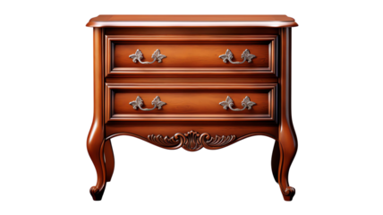 Elegant vintage wooden chest of drawers with intricate carvings, featuring two drawers and ornate handles. Perfect for home decor and storage.