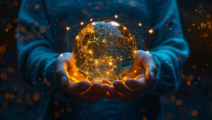 A person holding a digital earth globe with glowing connections, symbolizing global connectivity and technology in business.