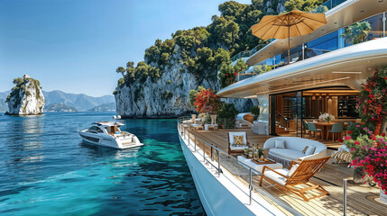luxury yacht docked by a picturesque coastal view