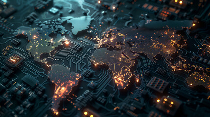 Tech conflict over semiconductor supply chain geopolitics highlighted by integrated circuits in maps. Concept Technology, Semiconductor Supply Chains, Geopolitics, Integrated Circuits, Maps