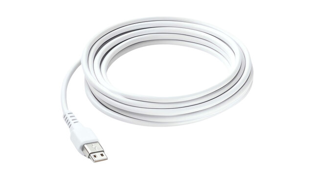 High-quality white USB cable isolated on a white background, perfect for charging or data transfer for various electronic devices.
