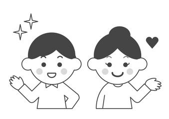 笑顔の若い男女のモノクロイラスト