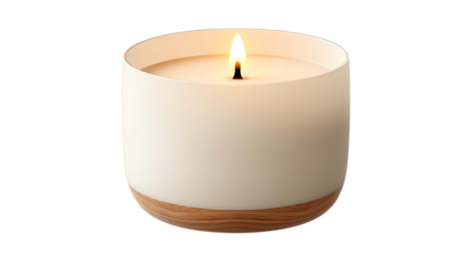 Minimalist lit candle in a white ceramic holder with wooden base, perfect for home decor and creating a calming ambiance.