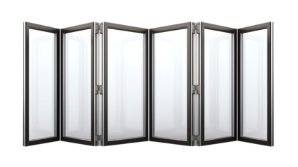 Modern folding glass door with black frame in an open position. Perfect for interiors, exteriors, offices, and home designs.