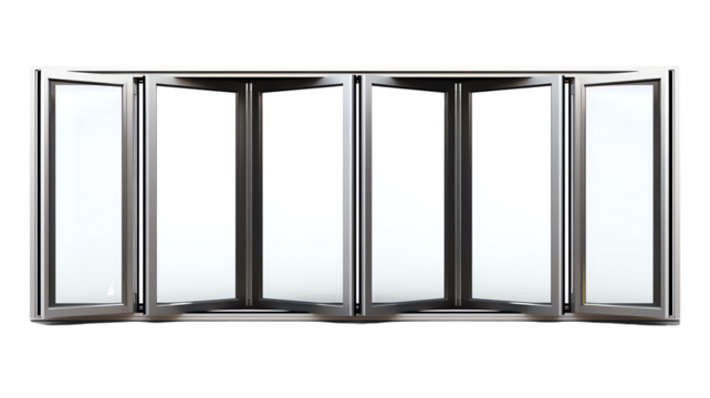 Modern four-panel bi-fold glass window with aluminum frame, providing ample natural light and contemporary style to any living space.