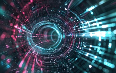 Fototapeta premium Abstract digital tunnel with neon lights and futuristic data flow. Abstract art for technology and science fiction concepts. Design for poster, wallpaper. Abstract background with place for text.