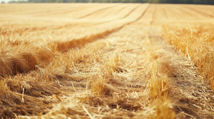 Golden wheat field ready for harvest under bright sunlight. Path through the field creates a picturesque rural scene