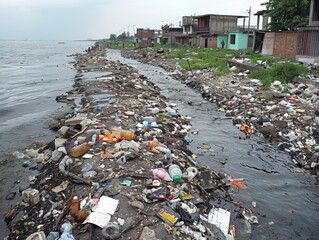 Polluted riverbank with trash and debris washed up on the shore. 